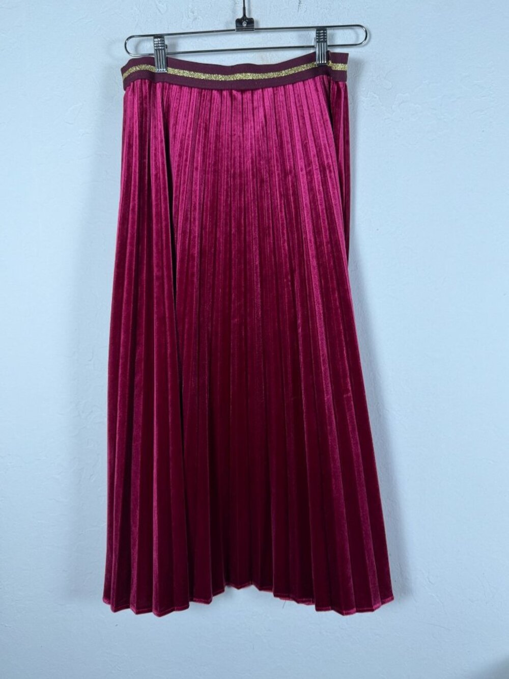 Maeve Anthropologie Womens Velvet Pleated Midi Skirt Burgundy Gold Medium NWOT